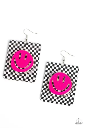 Cheeky Checkerboard Pink Smiley Face Earrings - Paparazzi Accessories