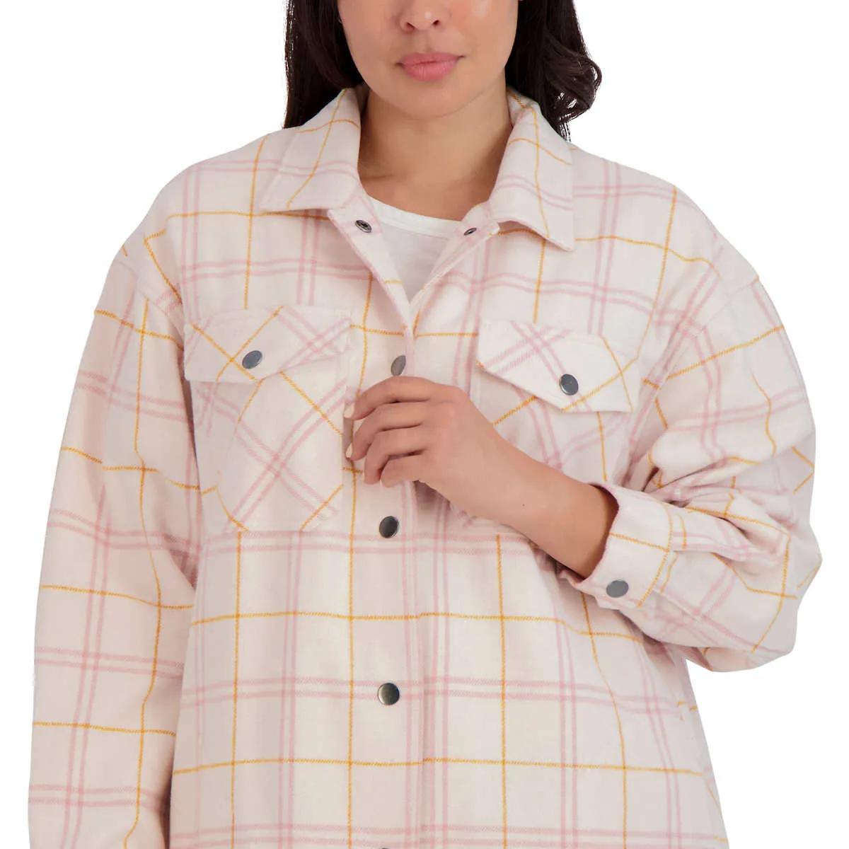 HFX Women's Relaxed Fit Front Snap Cozy Plaid Shirt Jacket