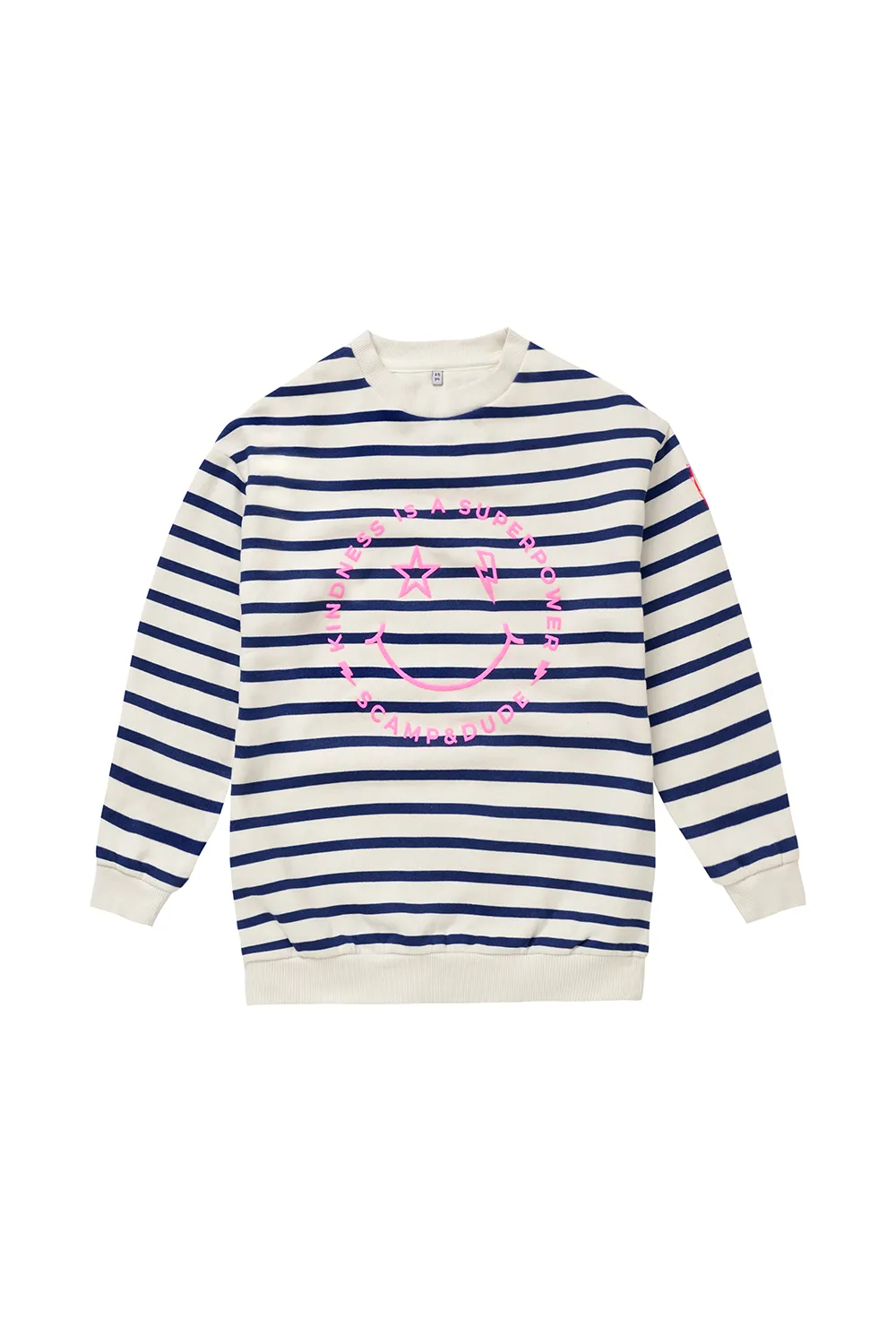 Kids Ivory Oversized Sweatshirt with Bright Blue Stripe and Smiley Slogan