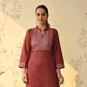 Maroon Embroidered & Monotone Woollen Kurta