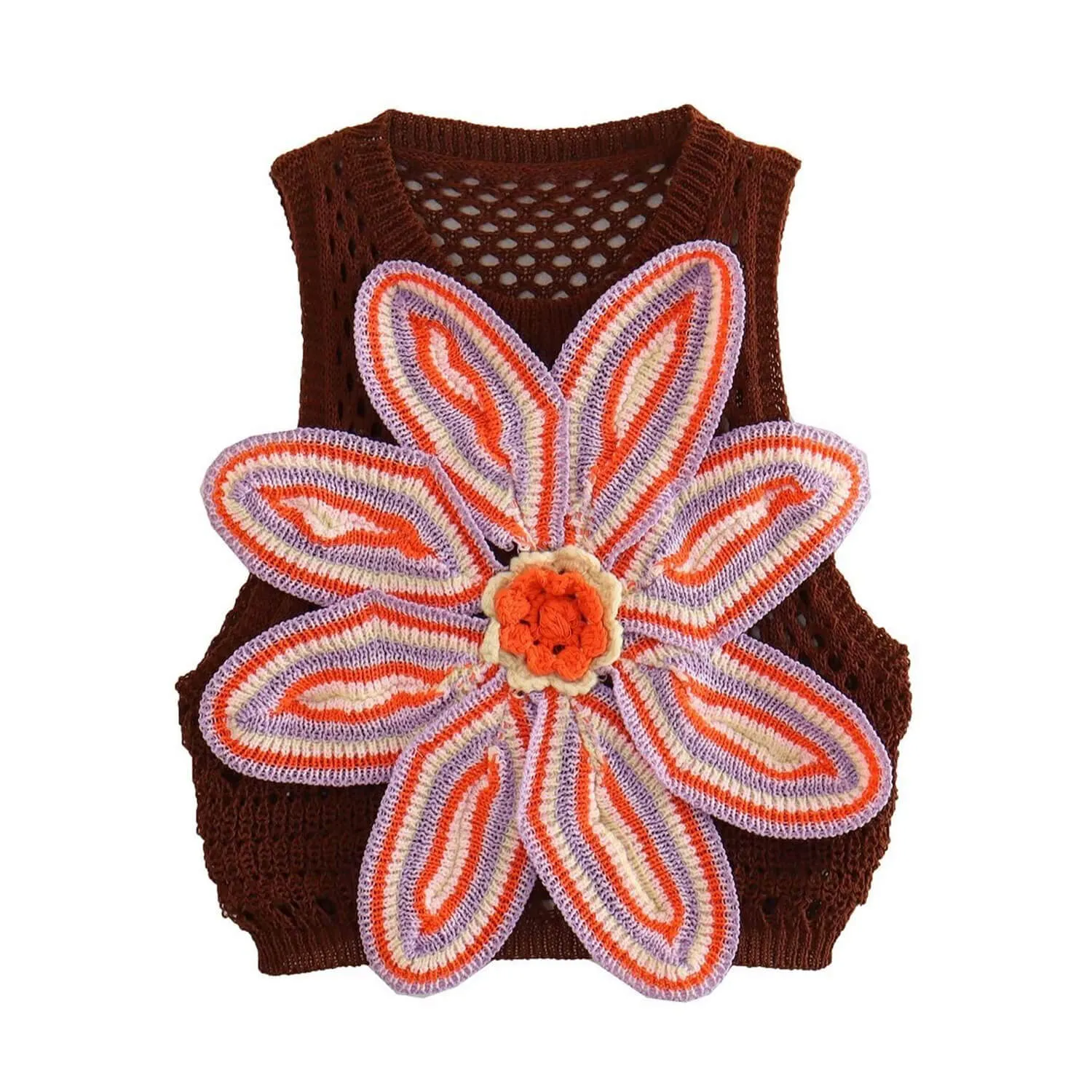 Nostalgic 90s Crochet Rosette Applique Crew Neck Open Knit Crop Tank Top