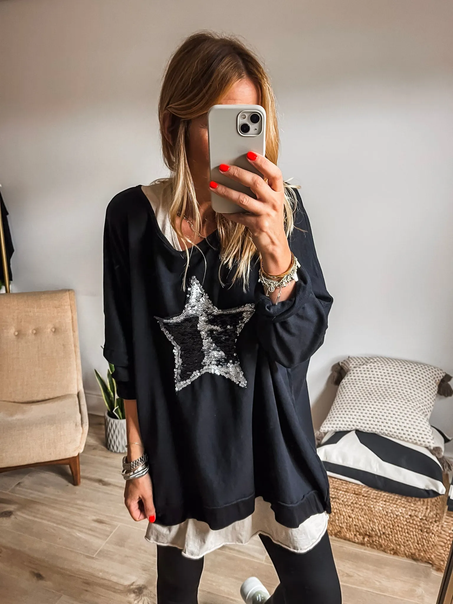 Oversized Jersey Top With Sequin Star