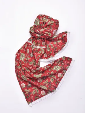 Red Overall Floral Block Print Cotton Stole