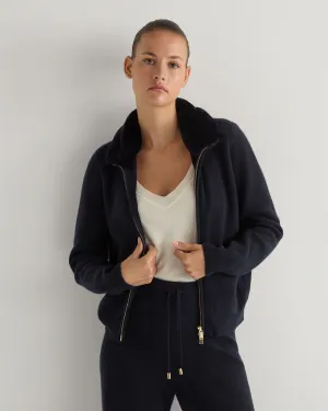 Women's Honeycomb Full Zip Cashmere Jumper With Fur Trim Navy Blue